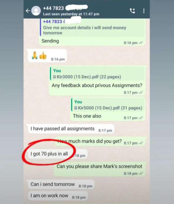 WhatsApp conversation with 70 plus marks